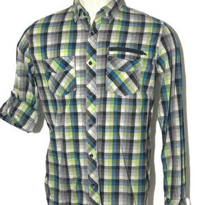Ocean Current Men's Plaid Cotton Shirt Long Tab Sleeves sz Medium Chest Pockets